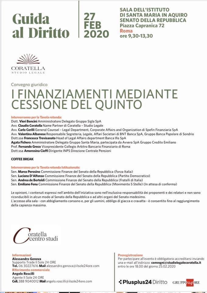 Convegno – Senato della Repubblica – Finanziamenti mediante la cessione del quinto